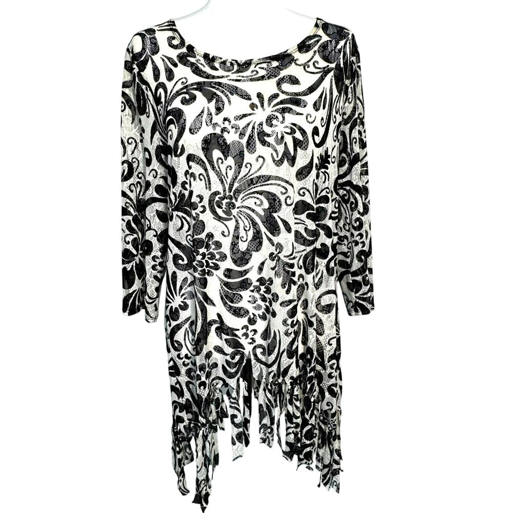 CHICO'S Women's Large Black White Floral Mesh Stretch Travelers Swim Cover Up